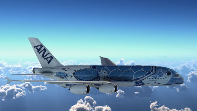 Airbus 380 van ANA wordt een zeeschilpad